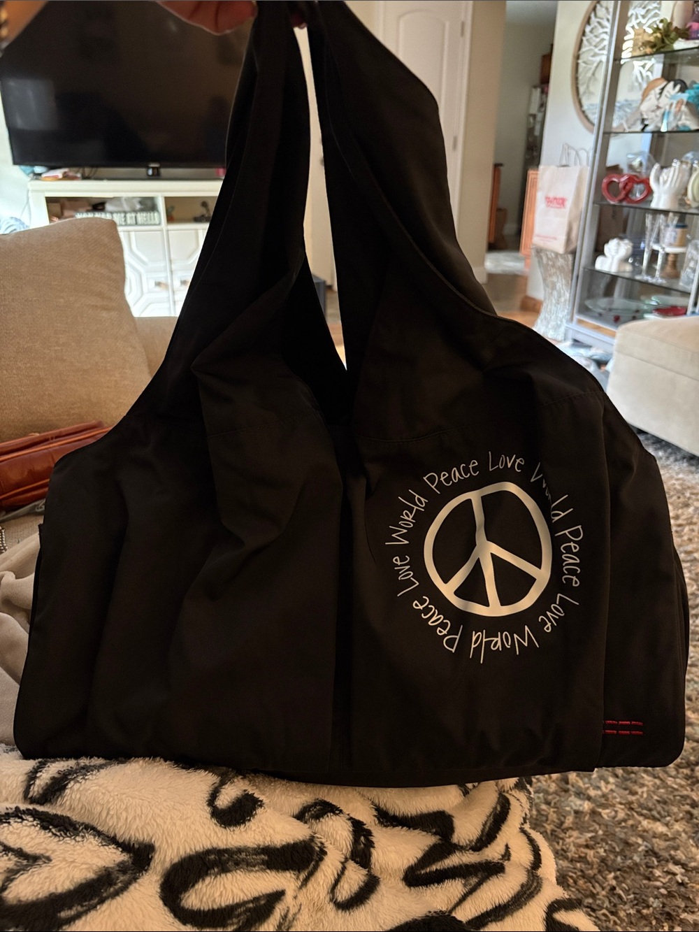 Peace Love World Black Travel Tote with Peace Logo